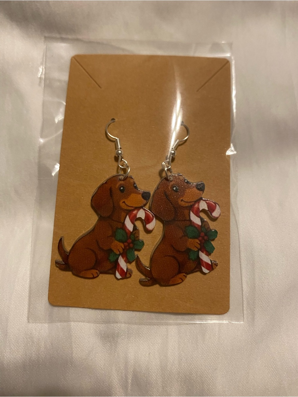 Hand Crafted Brown Dachshund Earrings with Red & White Candy Cane